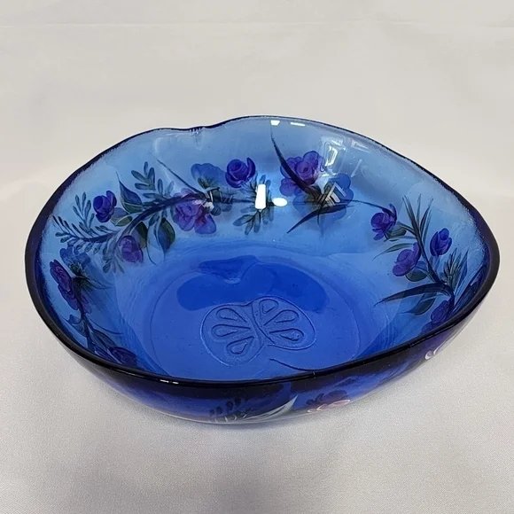 HANDPAINTED Cobalt Blue Bowl Floral Serving Dish Large Butterfly Roses Dimpled - Picture 11 of 14